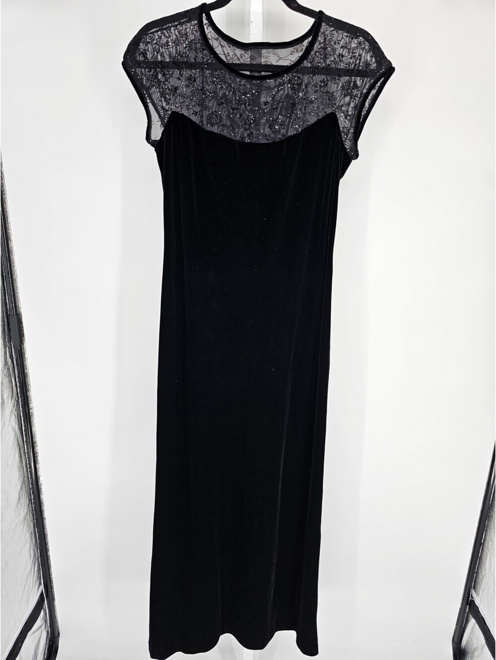 Vtg Amanda Lane Womens Sz 8 Maxi Length Formal Dress Black Velvet Lace Top